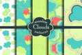 Bright, colorful, cartoon sky and clouds seamless pattern set.