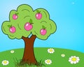 Bright and colorful children s drawing of an apple tree and a green serving with white daisies Royalty Free Stock Photo