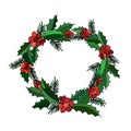 Bright and colorful Christmas wreath on white isolated background. Red berries, fir branches. Royalty Free Stock Photo