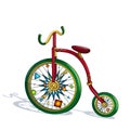 Bright, colorful circus bike with funny decorations on wheels. Circus object in the style of a cartoon.