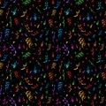 Bright colorful confetti and serpentine on dark background, anniversary party seamless pattern Royalty Free Stock Photo