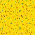 Bright colorful confetti and serpentine on yellow background, anniversary party seamless pattern Royalty Free Stock Photo