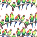 Bright colorful cute beautiful jungle tropical yellow and green parrots on a branch pattern watercolor hand illustration Royalty Free Stock Photo