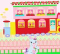 Bright colorful double decker house train and light blue pink smiling cartoon bunny rabbit holding a flower illustration 2021