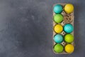 Bright colorful easter eggs in egg carton on grey background. Top view, Copy space Royalty Free Stock Photo