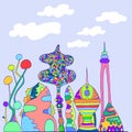 Bright, colorful fantastic city,cartoon sketch style, hand Royalty Free Stock Photo