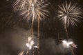 Bright colorful fireworks on new years eve in Ostrava, Czech republic against cloudy sky Royalty Free Stock Photo