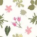 Bright colorful flowers green leaves. Exotic tropical plants. Botanical seamless pattern on beige background.