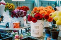 Bright and colorful flowers for sale at the Seattle Pike's Market farmer's market outdoors Royalty Free Stock Photo