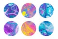 Bright colorful fluid acrylic circles set. Purple, pink, turquoise, yellow, blue round geometric shapes on white background Royalty Free Stock Photo