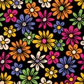 Bright Colorful Hand Drawn Felt Tip Pen Daisies Floral Vector Seamless Pattern