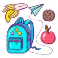 Bright colorful hand drawn set of school backpack, apple, banana and cooky. Isolated on white background