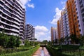 Bright colorful HDB flats buildings in Singapore, against cloudy blue sky. Panoramic view Royalty Free Stock Photo
