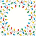 Bright Colorful Holiday Christmas and New Year Intertwined String Lights on White Background Square Round Frame