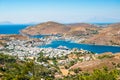 Landscape view of Skala harbor and town, Patmos Island, Greece.