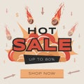 Bright and colorful Hot Sale advertisement flyer design with text. Large burning meteorites falling on prices.