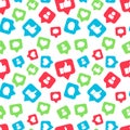 Bright colorful icons of social networks, likes friends and comments piktogram, seamless pattern Royalty Free Stock Photo