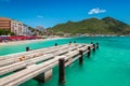 Wooden pier at Great Bay beach in Philipsburg, Sint Maarten, Caribbean.