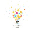 Bright colorful lightbulb, abstract Innovation idea logo. Lamp made of circles and balls scattered in the different Royalty Free Stock Photo