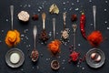 bright colorful multi-colored spices for cooking sprinkled in old spoons on a black background. top shot Royalty Free Stock Photo