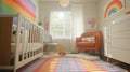 Bright, colorful nursery with a crib, rainbow decor, and a cozy reading corner Royalty Free Stock Photo