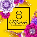 Bright Colorful Origami Flowers. Happy Women s Day. 8 March. Trendy Mother s Day. Paper cut Exotic Tropical Floral