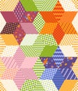 Bright colorful patchwork pattern with stars from rhombuses patches. Seamless vector illustration of quilt.