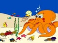 Bright, colorful pattern. The seabed with its inhabitants. Fish with octopus. Cartoon flat raster