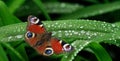 Bright colorful peacock butterfly on green leaves of a lily in drops of water after rain Royalty Free Stock Photo