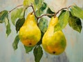 Bright colorful pears made in hand drawn impasto style. Generative AI