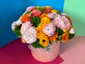 Bright colorful pink yellow orange persian asian buttercup ranunculus asiaticus bouquet flowers in round box Royalty Free Stock Photo