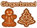 Bright colorful poster with ginger bread cookie woman and christmas tree. Royalty Free Stock Photo