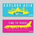 Bright and colorful promotion banner with pink and blue color for Asia travel,silhouette art design