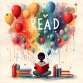 Bright, colorful Read Poster with child reading: Library Graphics