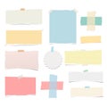 Bright colorful ripped strips, notebook, note paper, adhesive tape for text or message stuck on white background.