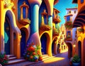 Bright colorful road of Mediterranean style houses, AI art