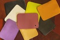 Bright colorful samples of genuine leather, colors and texture samples, abstract background. Manufacturing concept Royalty Free Stock Photo