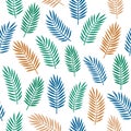 Bright colorful seamless decorative pattern with orange blue and green tropical palm leaves isolated on white background Royalty Free Stock Photo