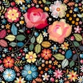 Bright colorful seamless pattern with embroidery flowers, leaves and berries on black background. Vector design Royalty Free Stock Photo