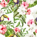 Bright colorful seamless pattern with tropical leaves and hibiscus flowers, toucan bird.