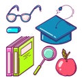 Bright colorful set of graduation cap and other school objects in doodle style, isolated on white background Royalty Free Stock Photo