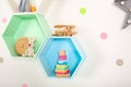 Bright colorful shelves on wall. Interior design