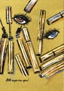 bright colorful stylized abstract fashion illustration of eyes with eyelashes and mascara bottles on a golden backgroun