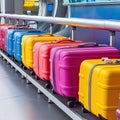 Bright colorful suitcases on luggage conveyor belt at baggage claim at airport. Baggage on shelf in shop ready for sale Royalty Free Stock Photo