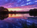 Bright colorful sunrise, sunset on the lake, river in summer. Natural picturesque colors of the sky and water