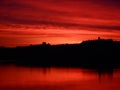 Bright colorful sunrise or sunset in Saint-Petersburg. Landscape. Neva river and sea