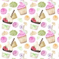 Bright colorful Sweet delicious watercolor pattern with cupcakes. Watercolor hand drawn illustration.