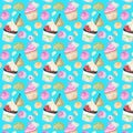 Bright colorful Sweet delicious watercolor pattern with cupcakes. Watercolor hand drawn illustration.