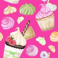 Bright colorful Sweet delicious watercolor Seamless pattern with cupcakes. Isolated elements on bright pink background