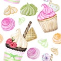 Bright colorful Sweet delicious watercolor Seamless pattern with cupcakes.